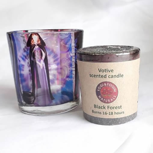 Black Forest Black Votive Candle with Witch Design Glass Holder
