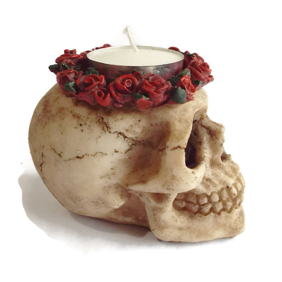 Skull with Roses Candle Holder Side View