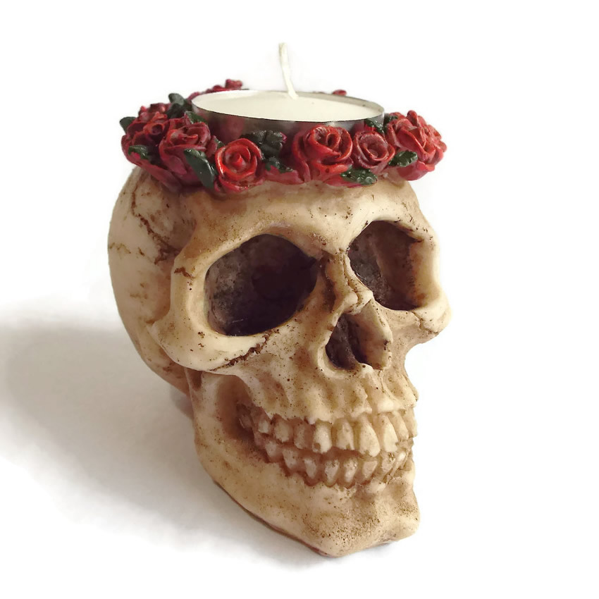 Skull with Roses Candle Holder