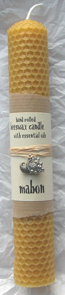 Mabon Beeswax Candle with Silver Metal Cornucopia Charm