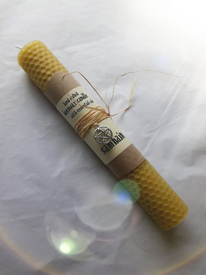 Beeswax Candle for Samhain with Silver Metal Charm