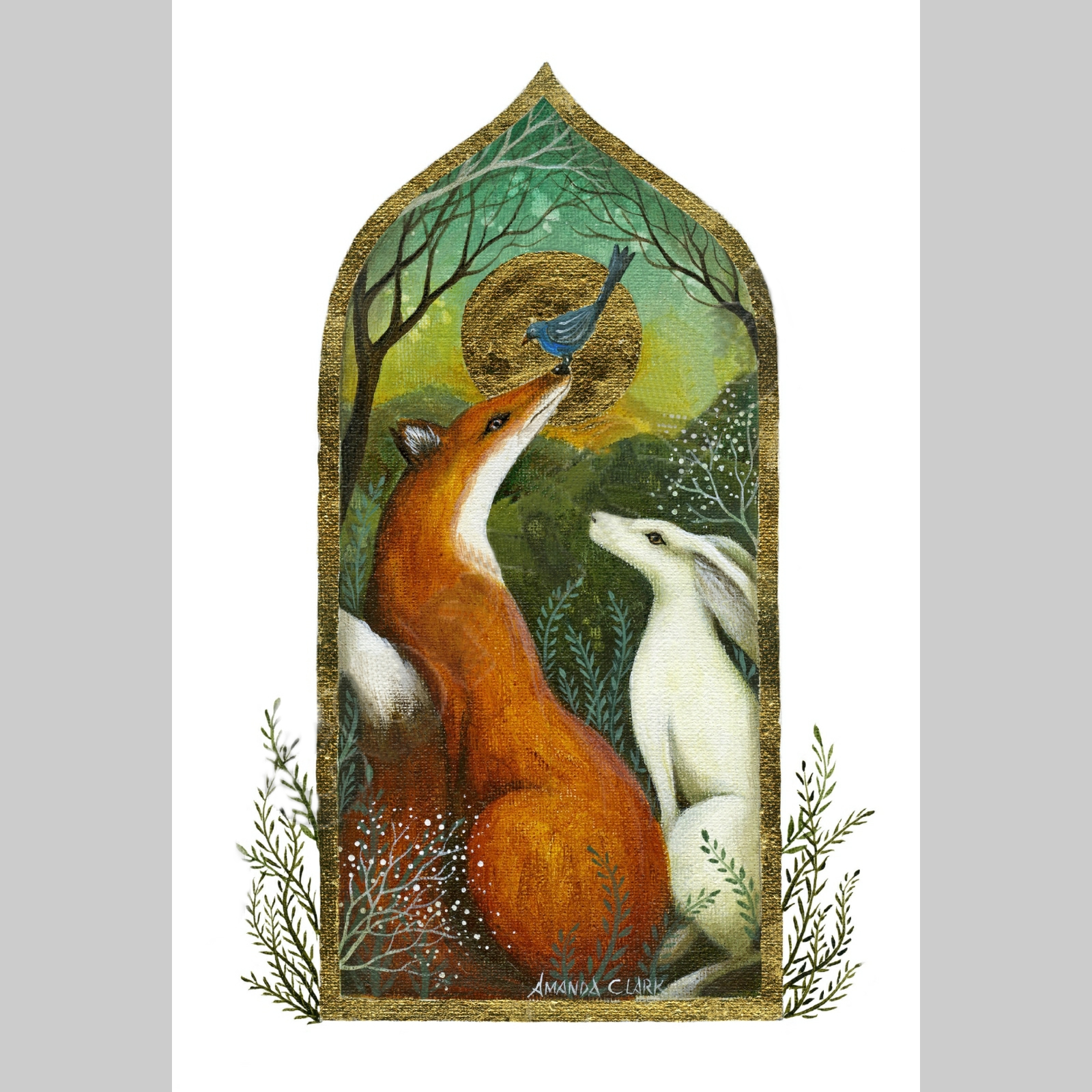 The Story Teller Hare and Fox Greetings Card by Amanda Clark