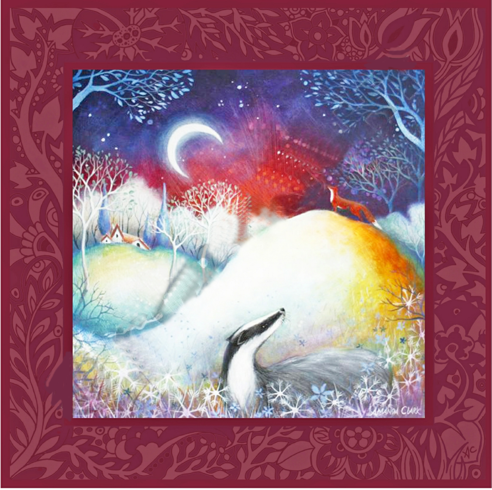 The Watcher Badger and Fox Greetings Card by Amanda Clark
