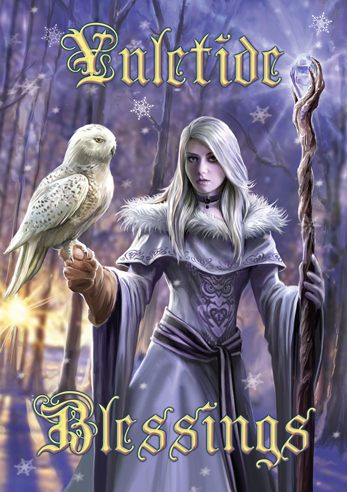 Winter Owl Yuletide Blessings Card by Anne Stokes