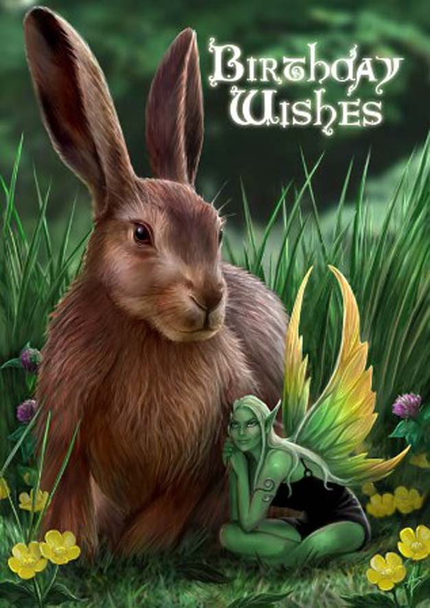 Anne Stokes Hare and Sprite Birthday Card