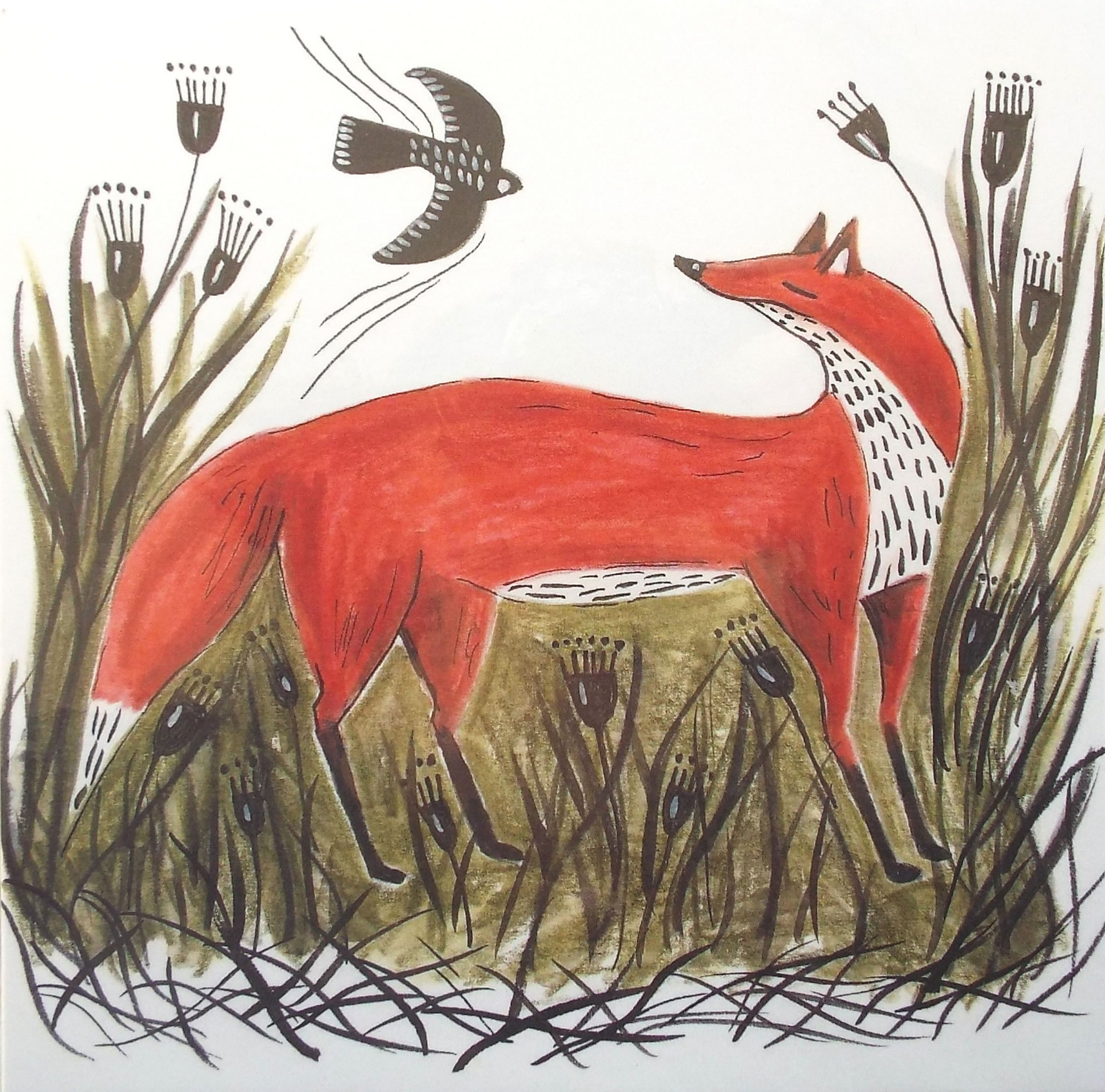 Fox and Crow Greetings Card by Fiona Gypsy Bunting
