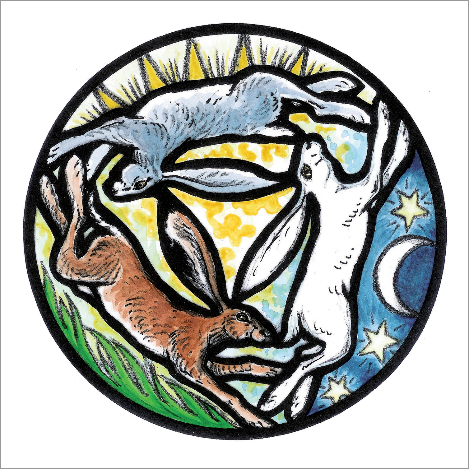 Three Hares Circle Greetings Card by Karen Cater