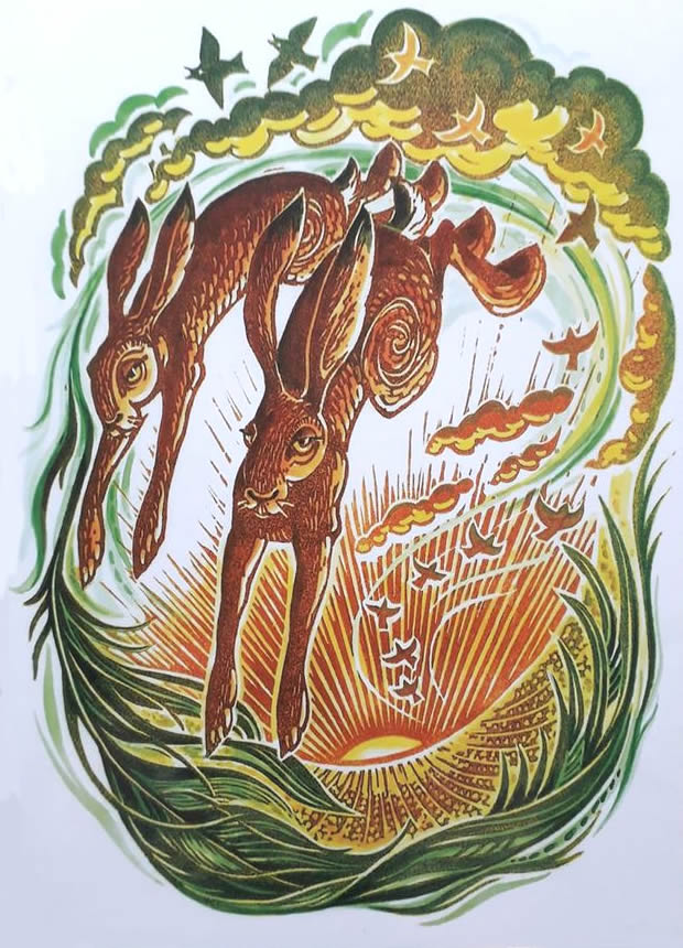 Heralds of the Dawn Hares Greetings Card by Karen Cater