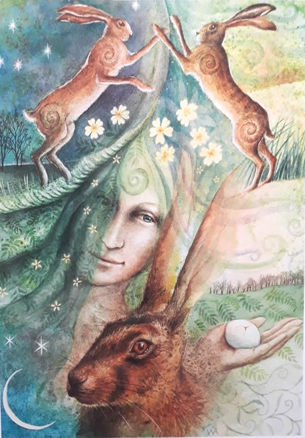 Eostre And The Hare's Egg Greetings Card by Wendy Andrew