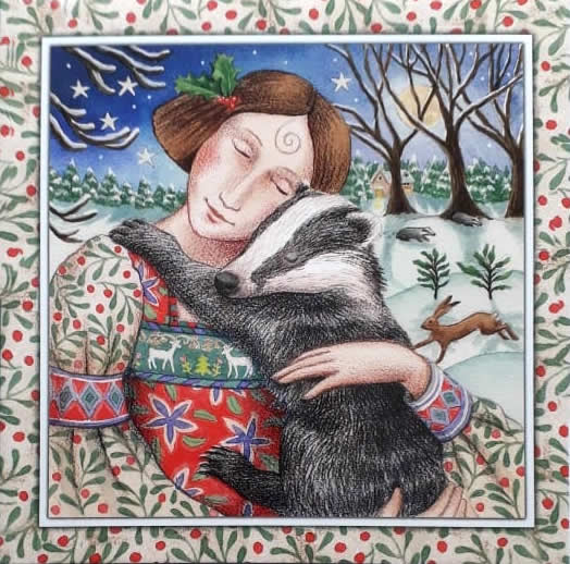 Starry Badger Hug Yule Greetings Card by Wendy Andrew