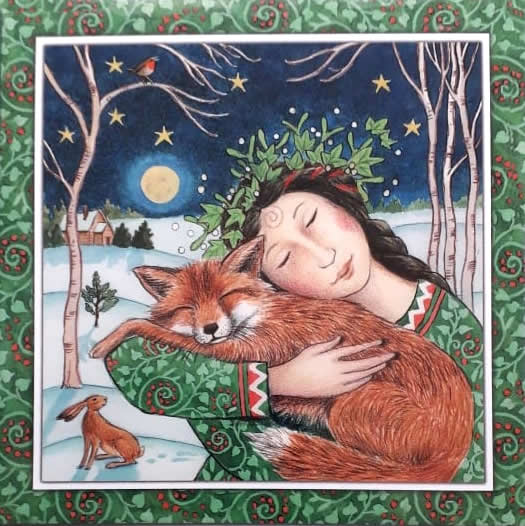 Starry Fox Hug Yule Greetings Card by Wendy Andrew