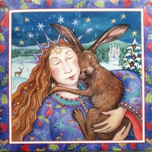 Starry Hare Hug Yule Greetings Card by Wendy Andrew