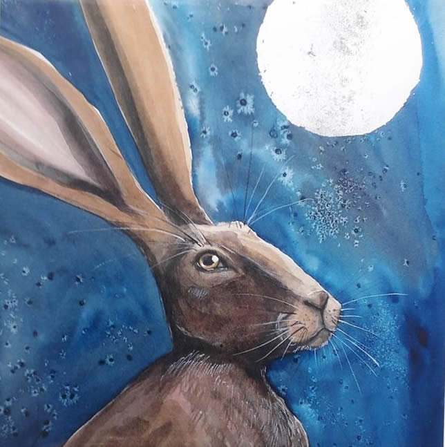 Moonlight Hare Greetings Card by Kirsten Elswood