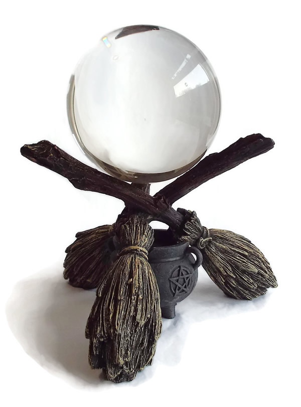 Three Broomsticks and Cauldron Crystal Ball Stand with 100mm Clear Crystal Ball