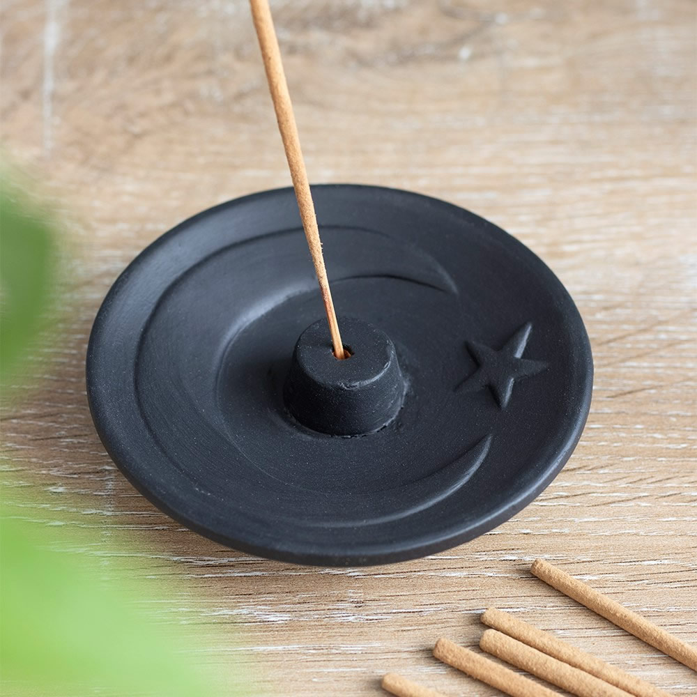 Black Terracotta Incense Holder with Crescent Moon