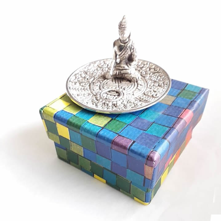 Silver Metal Buddha Incense Holder Box