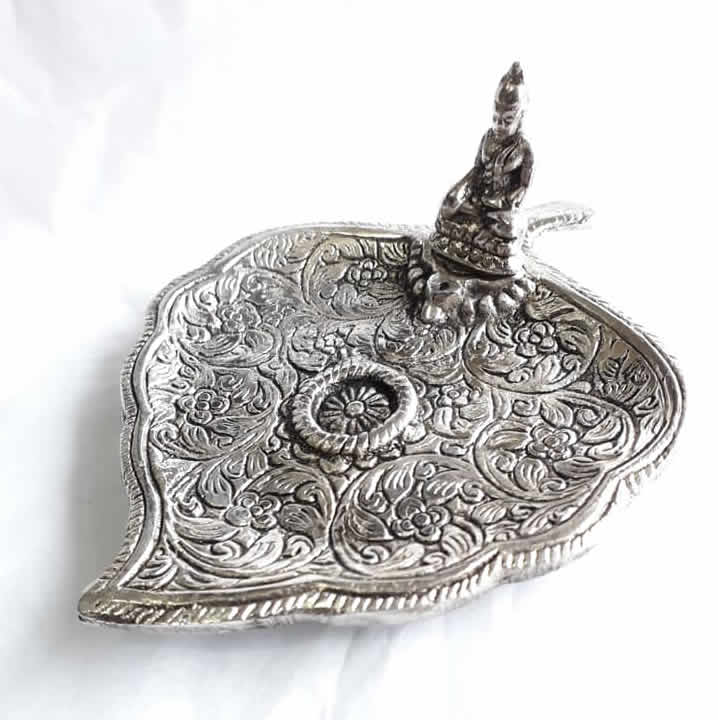 Silver Metal Buddha Leaf Incense Holder