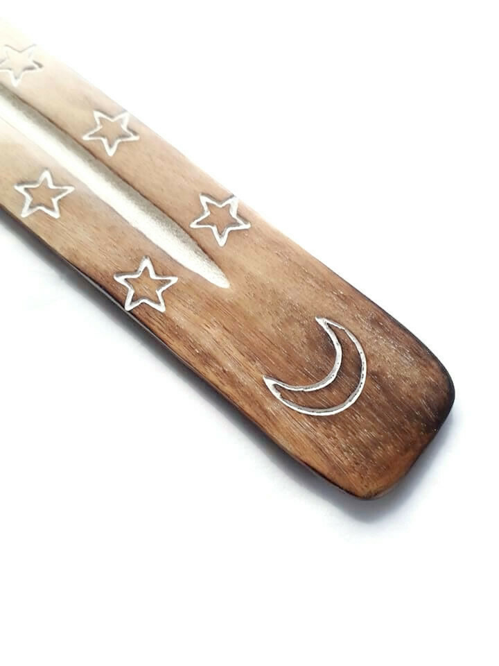 Straight Wooden White Wash Incense Holder with Crescent Moon