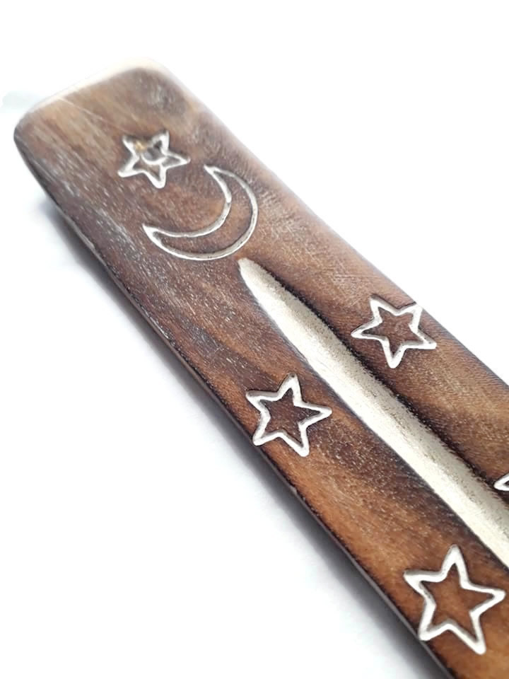 Straight Wooden White Wash Incense Holder with Crescent Moon