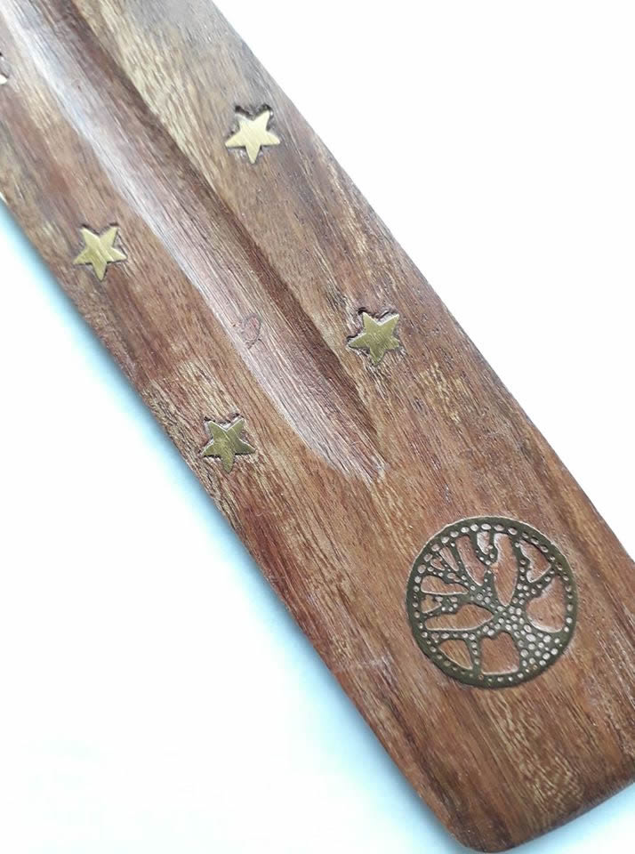 Straight Wooden Incense Holder with Tree Brass Inlay Detail