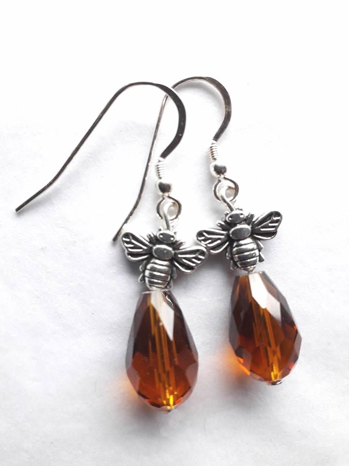 Amber Crystal Bee Earrings Silver Ear Wires