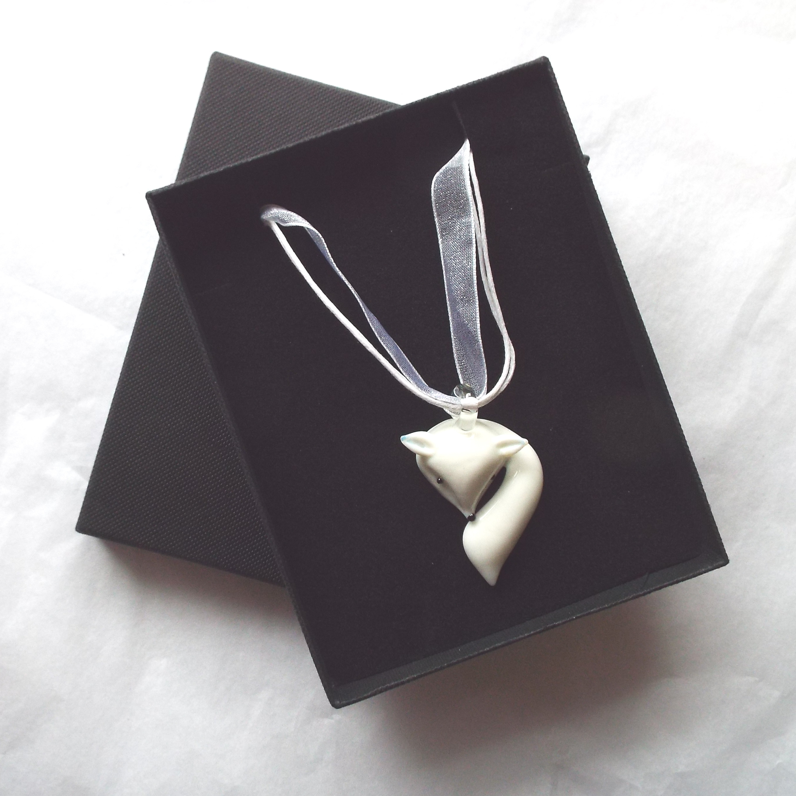 White Glass Fox Necklace in Gift Box