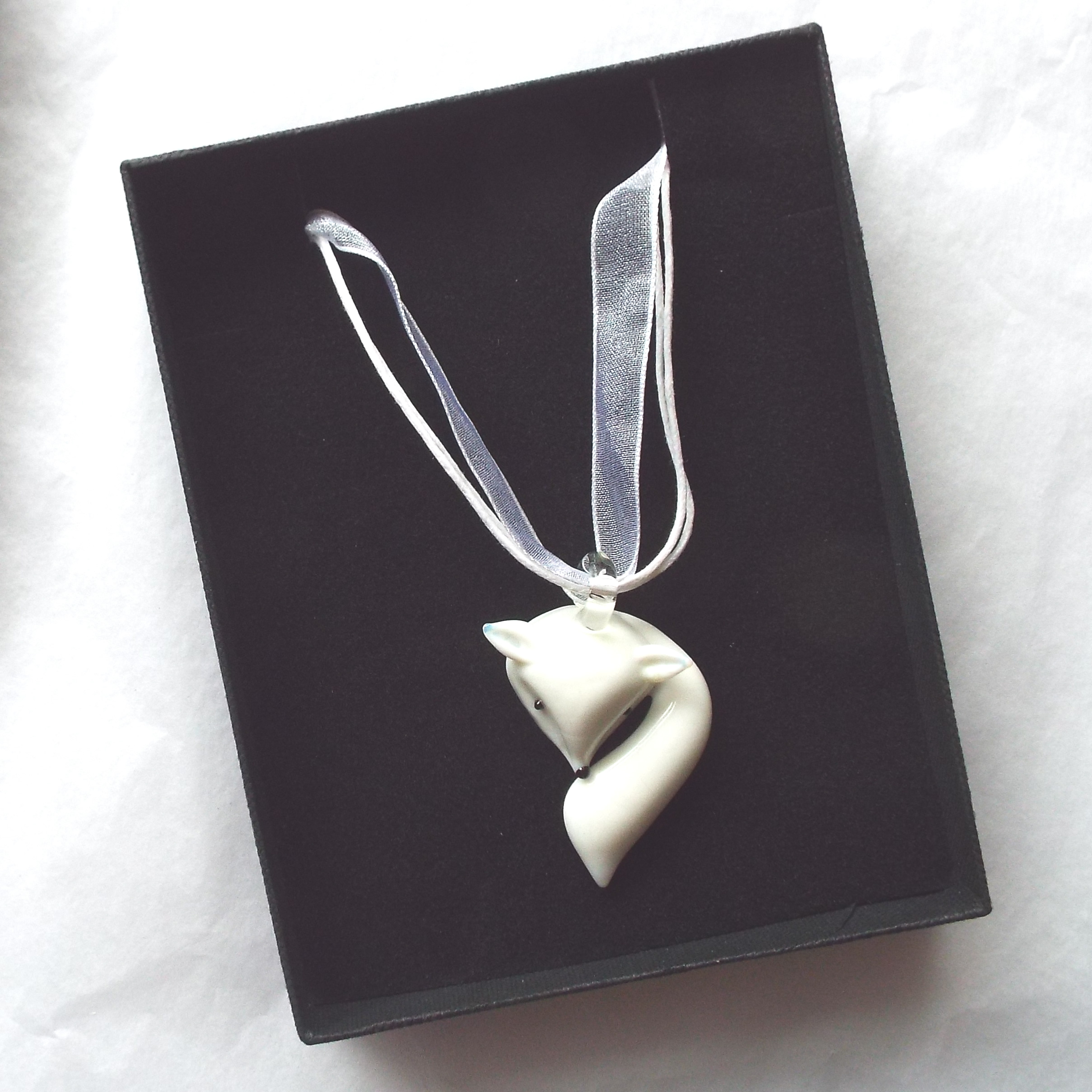 White Glass Fox Necklace in Gift Box