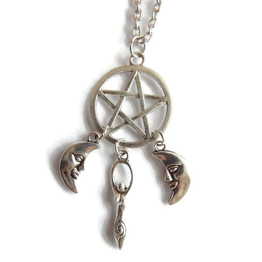 Goddess, Pentacle and Crescent Moons Pendant Charm Necklace