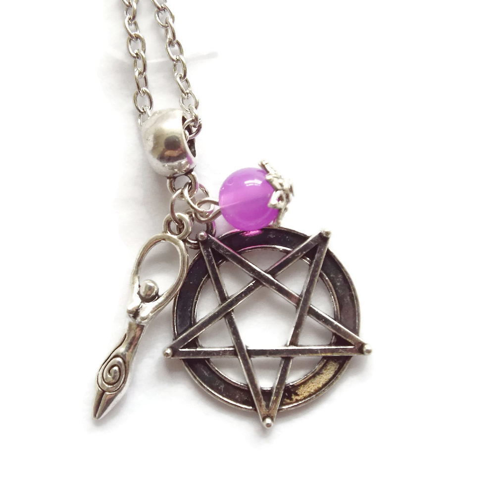 Goddess, Pentacle and Purple Pendant Charm Necklace