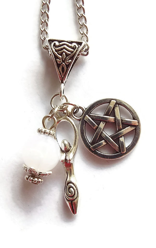 Goddess, Pentacle and Moonstone Pendant Charm Necklace