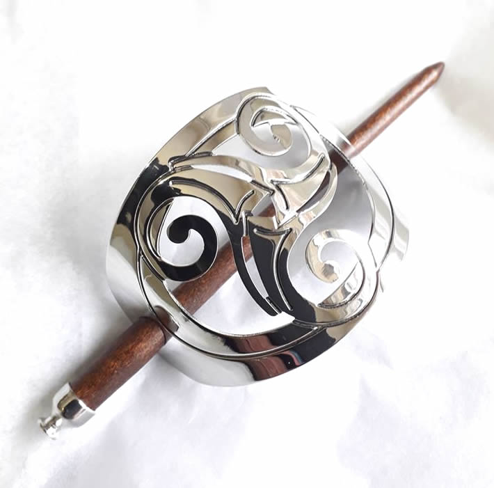 Celtic Big Spirals Silver Metal Hairpin with Wooden Pin