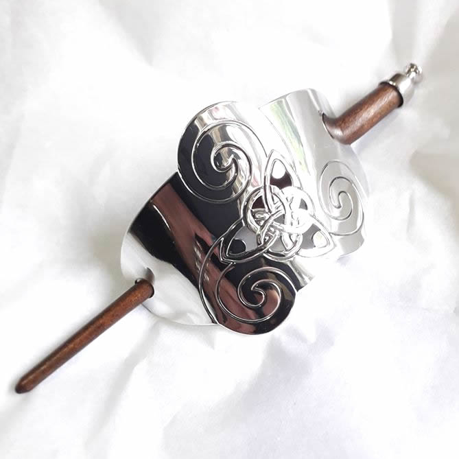 Celtic Small Spirals Silver Metal Hairpin with Wooden Pin