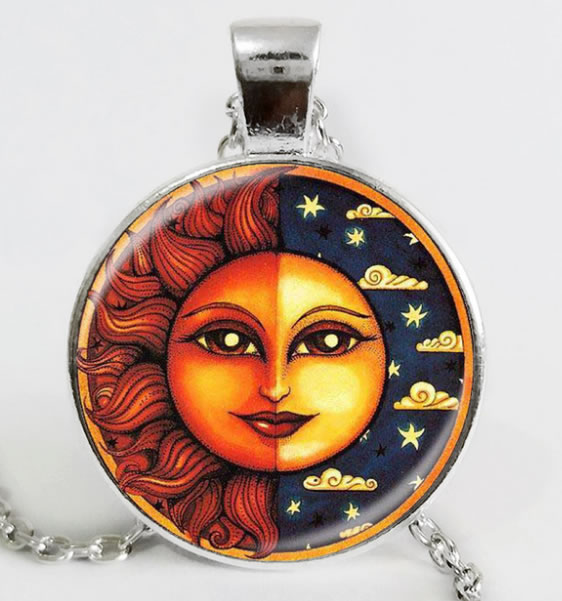 Sun and Moon Face Cabochon Pendant Necklace