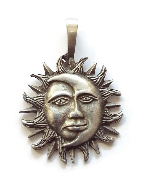 Sun and Moon Face Pewter Pendant Necklace