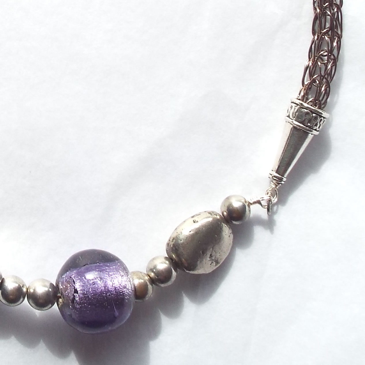 Bronze Viking Knit Necklace with Purple Glass Bead and Silver Nuggets Detail