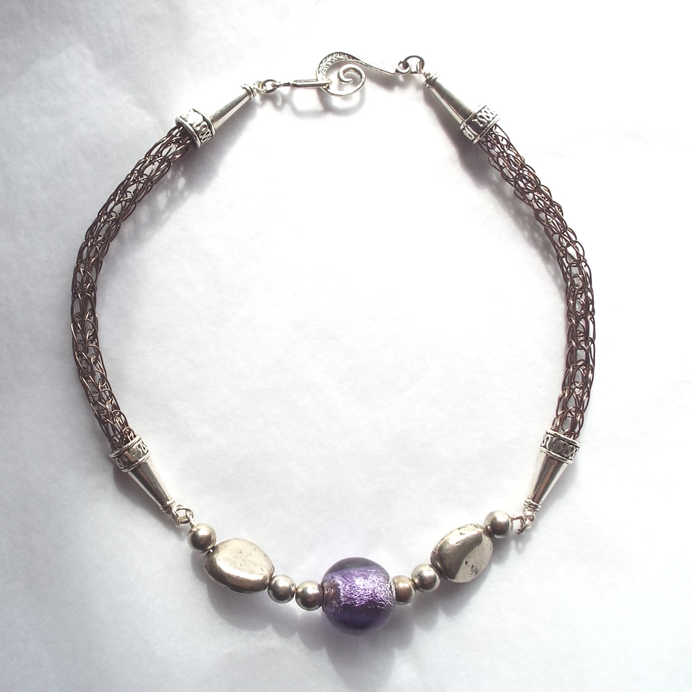 Bronze Viking Knit Necklace with Purple Glass Bead and Silver Nuggets