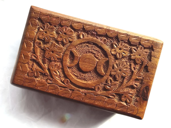 Small Carved Wooden Triple Moon Box Top View