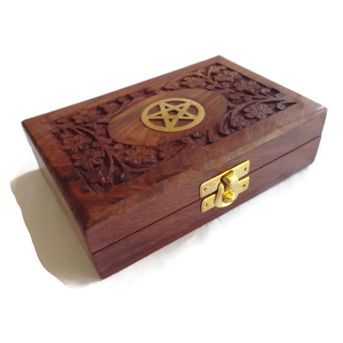 Wooden Carved Box with Brass Inlay Pentacle Alternative View