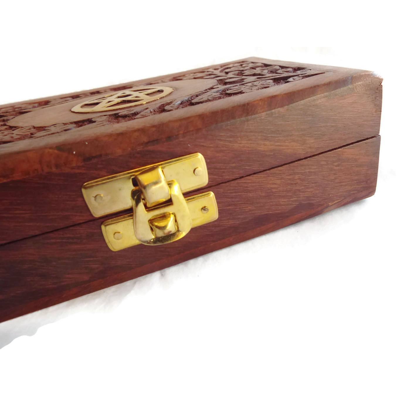 Wooden Carved Box with Brass Inlay Pentacle Side View