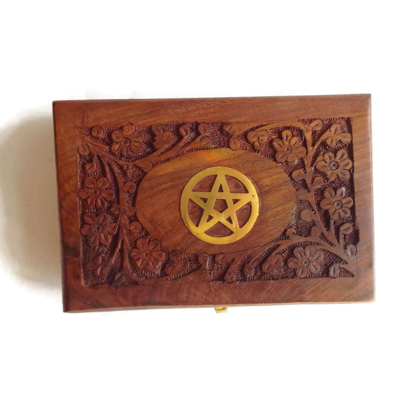 Wooden Carved Box with Brass Inlay Pentacle Top View