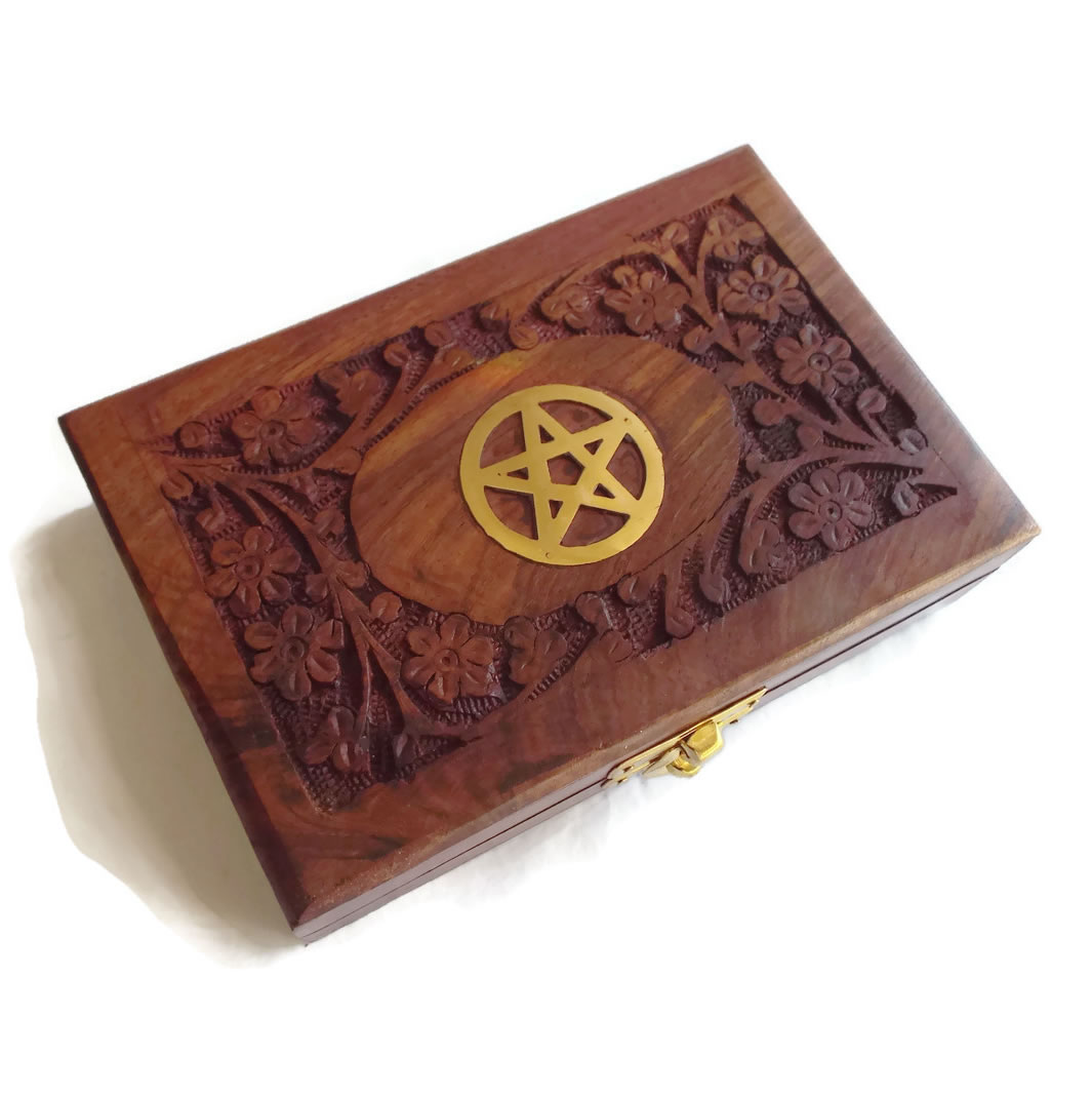 Wooden Carved Box with Brass Inlay Pentacle