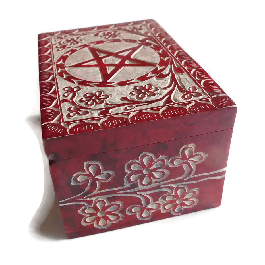Red Soapstone Carved Box with Pentacle End View