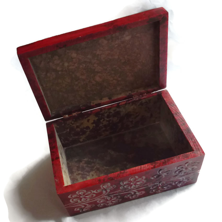 Red Soapstone Carved Box with Pentacle Inside View