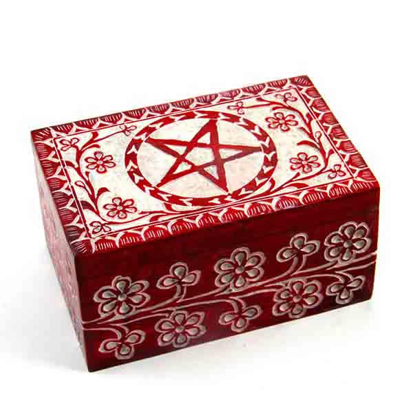 Red Soapstone Carved Box with Pentacle
