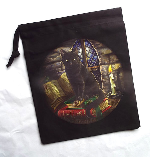 Cat and Spellbook Black Cotton Bag for Tarot and Oracle Cards
