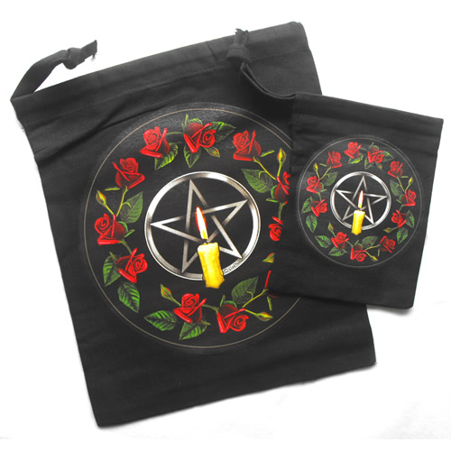 Pentacle and Roses Black Cotton Bag for Tarot and Oracle Cards
