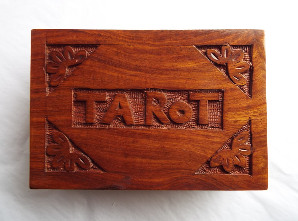 Wooden Tarot and Oracle Box with Carved Tarot Text Top View