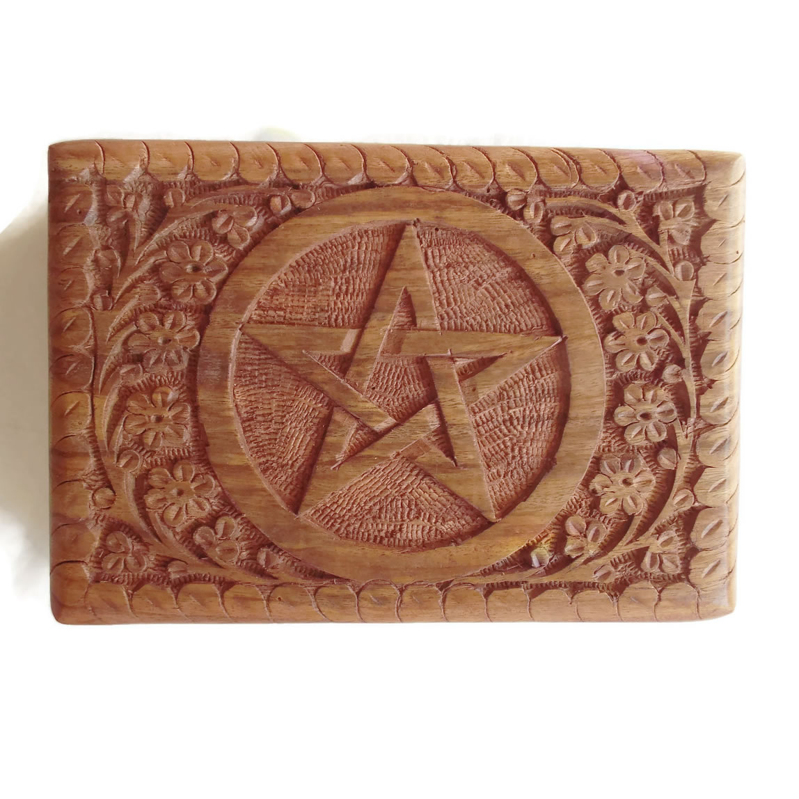 Carved Wooden Tarot or Oracle Box with Pentacle Top View