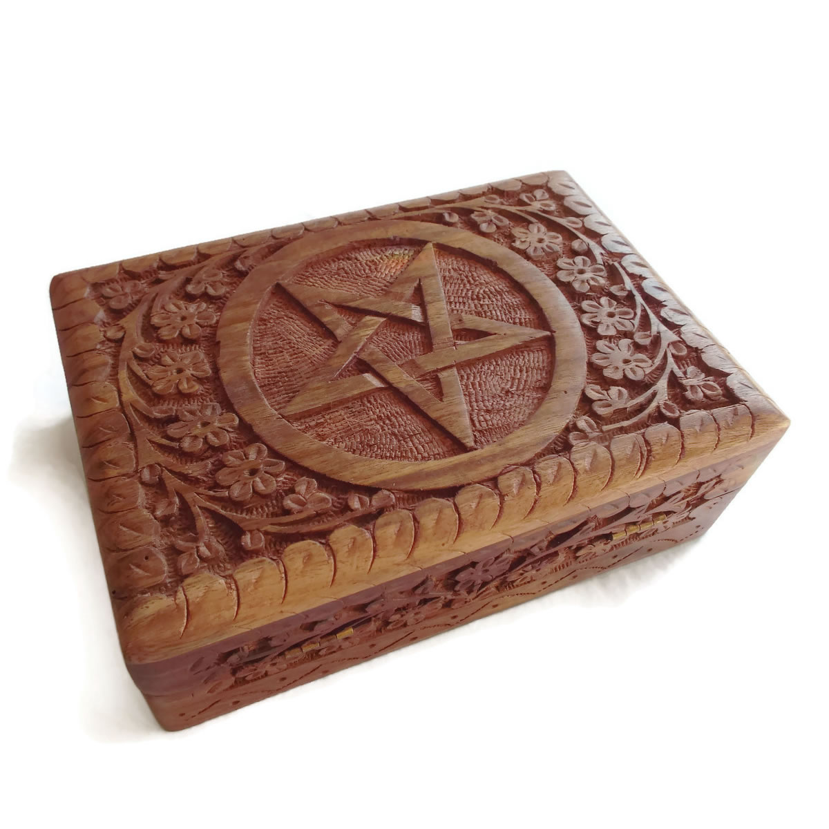 Carved Wooden Tarot or Oracle Box with Pentacle