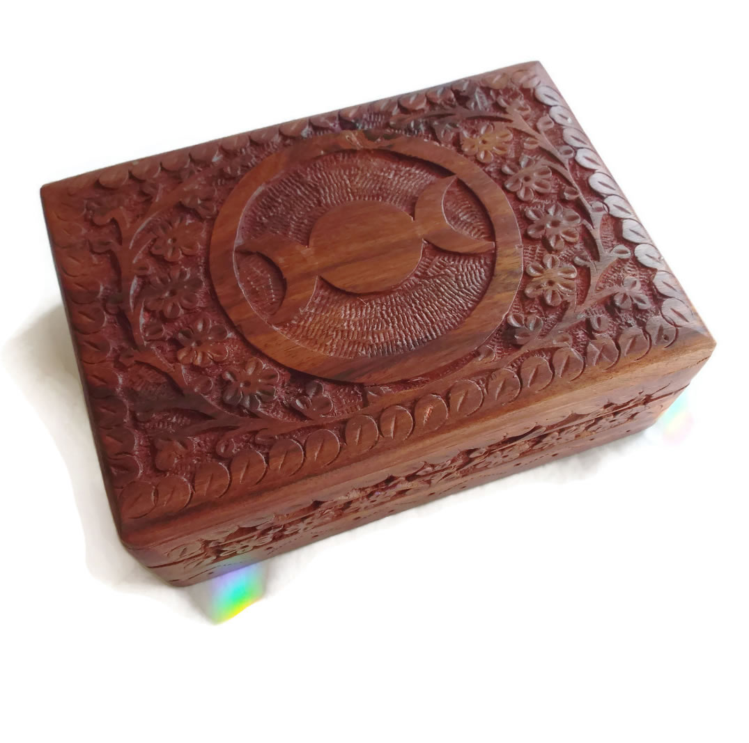 Carved Wooden Tarot or Oracle Box with Triple Moon